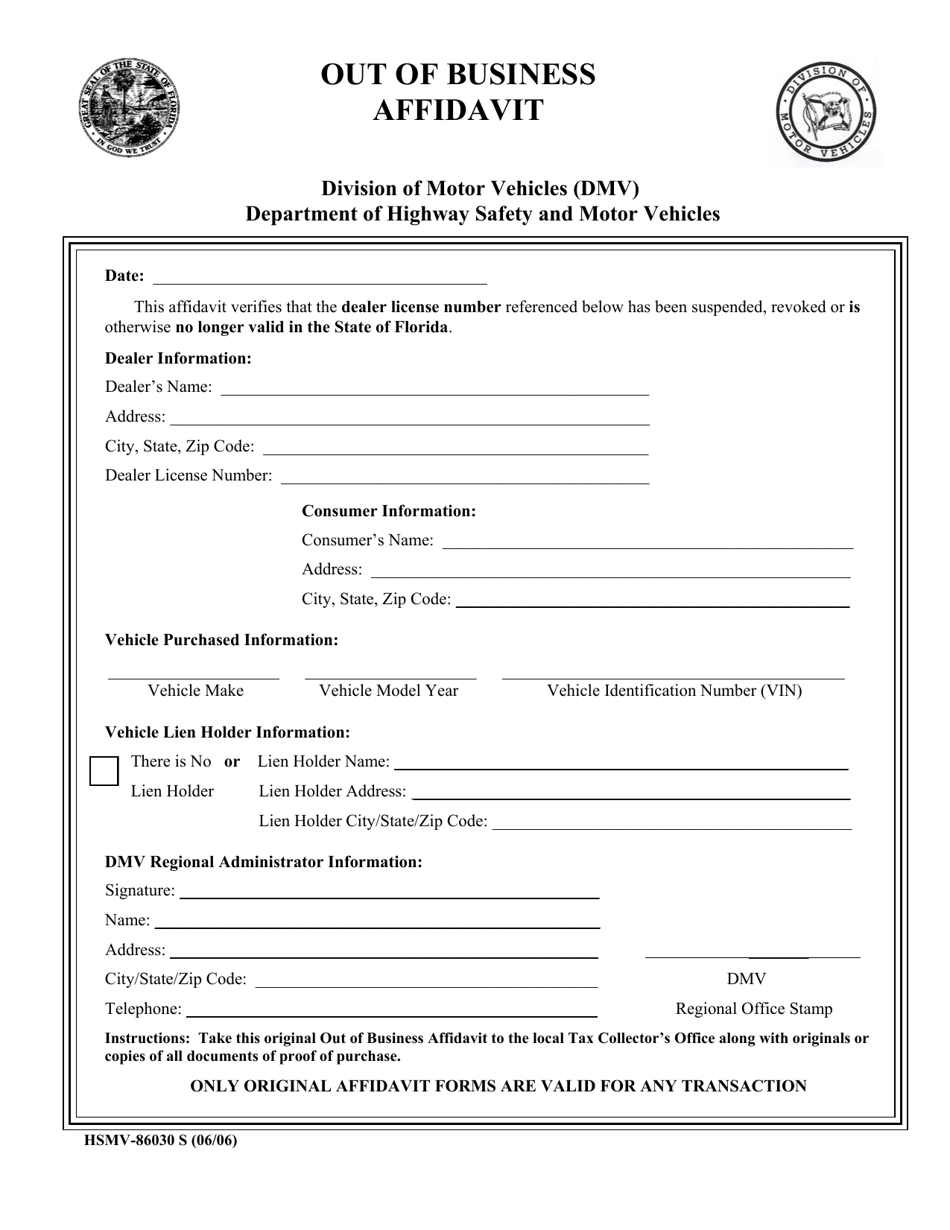 Form HSMV-86030 Out of Business Affidavit - Florida, Page 1