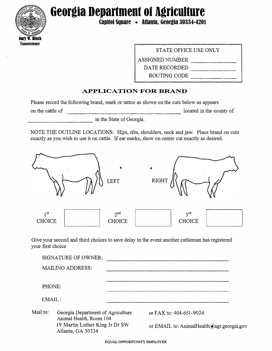(United States) Cattle Brand Application Fill Out, Sign