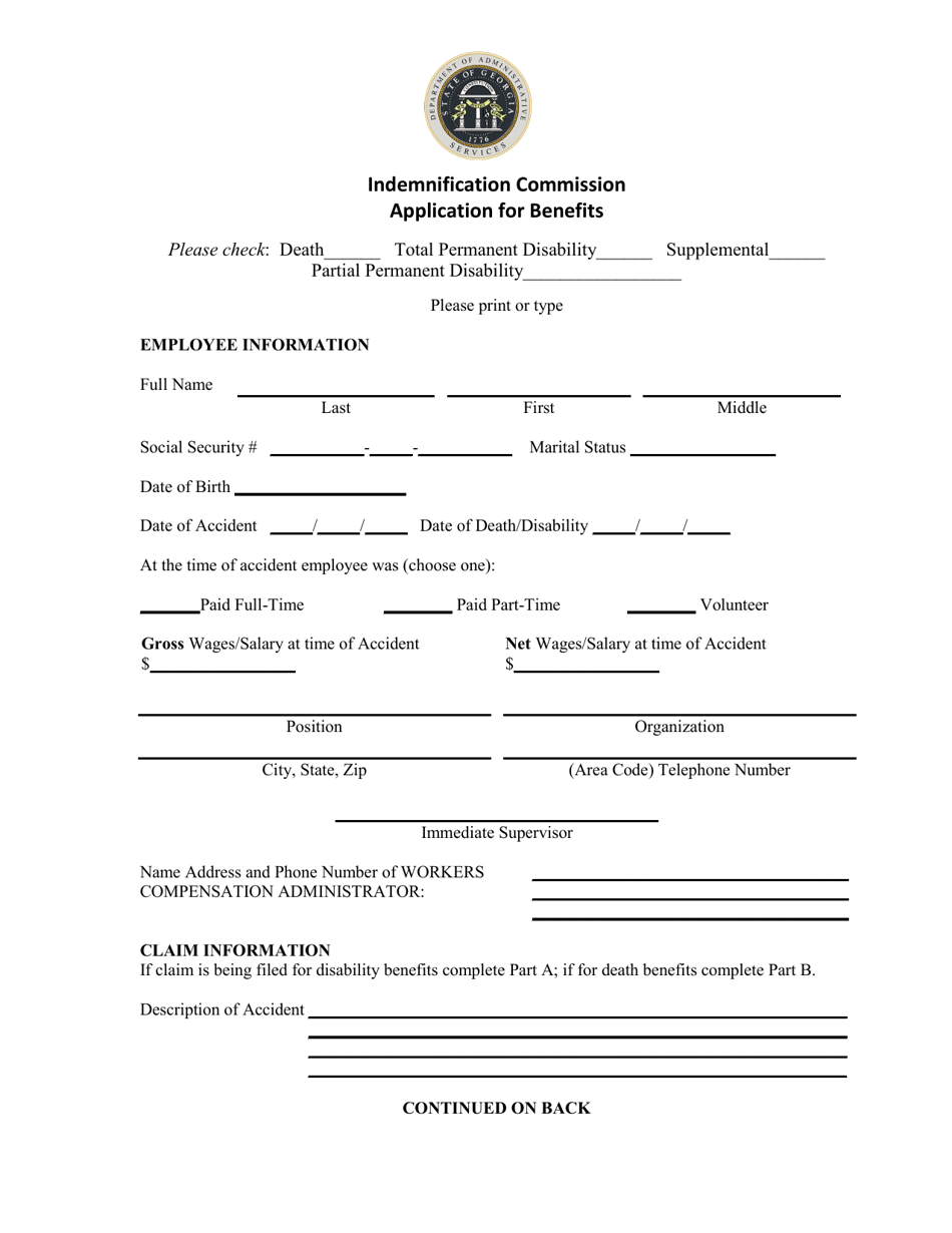 Indemnification Commission Application for Benefits - Georgia (United States), Page 1