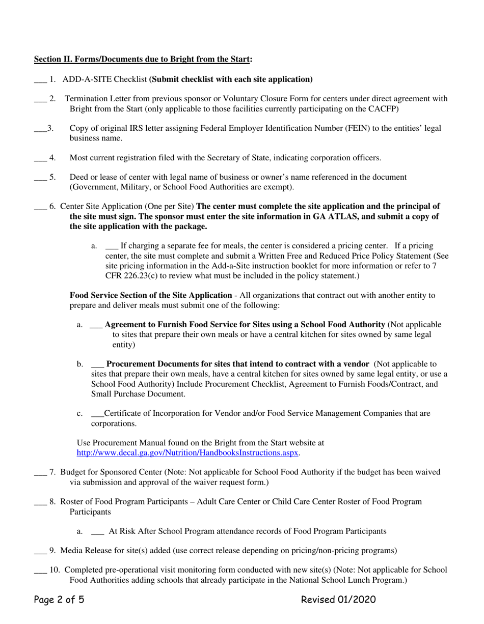 Add-A-site Checklist Administrative Sponsors Adding Traditional Child / Adult Facilities - Georgia (United States), Page 2