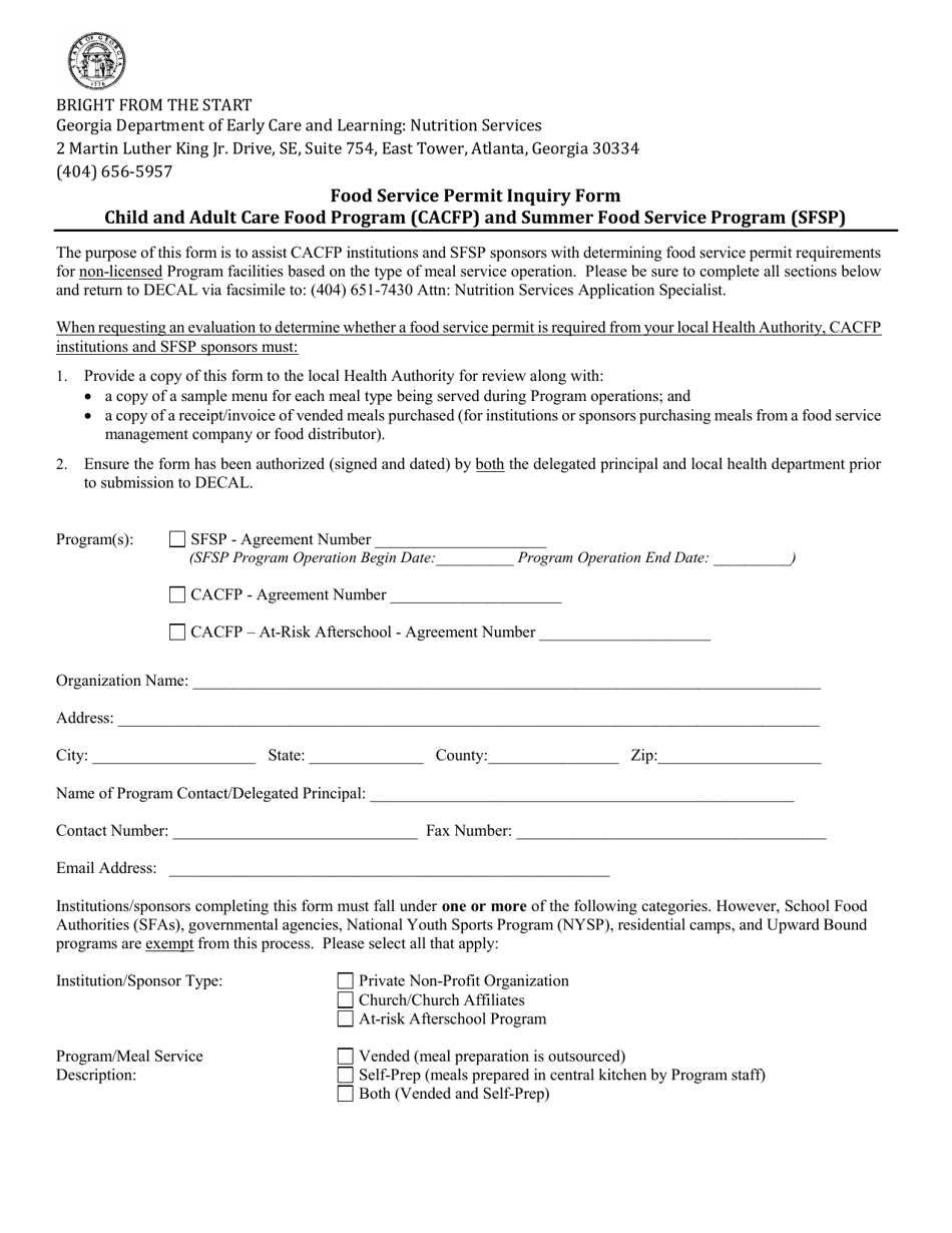 Child and Adult Care Food Program (CACFP) and Summer Food Service Program (Sfsp) Food Service Permit Inquiry Form - Georgia (United States), Page 1