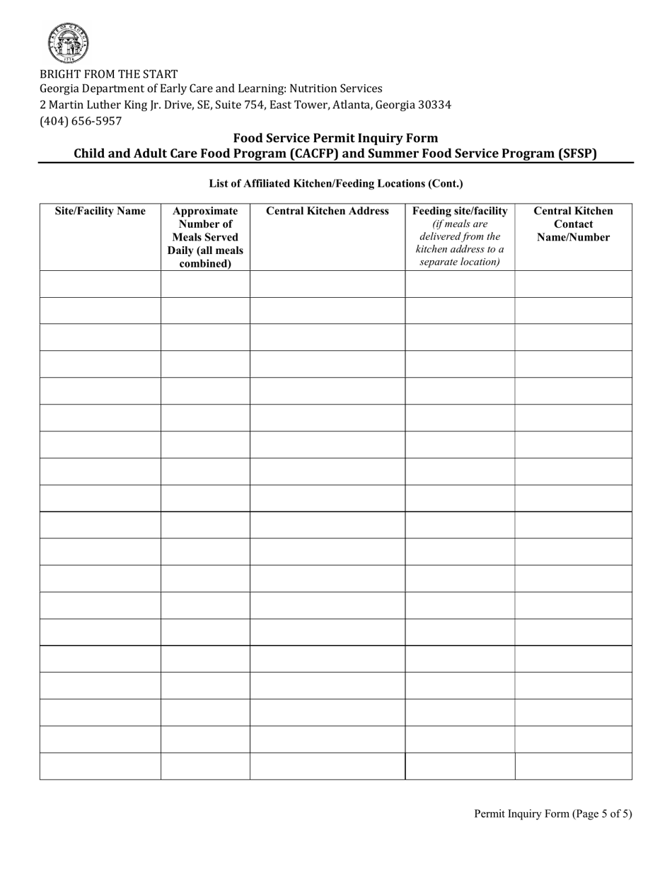 Child and Adult Care Food Program (CACFP) and Summer Food Service Program (Sfsp) Food Service Permit Inquiry Form - Georgia (United States), Page 5