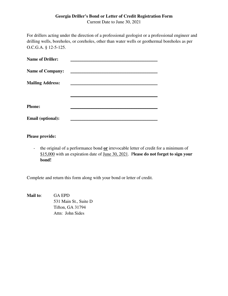 Georgia Drillers Bond or Letter of Credit Registration Form - Georgia (United States), Page 1
