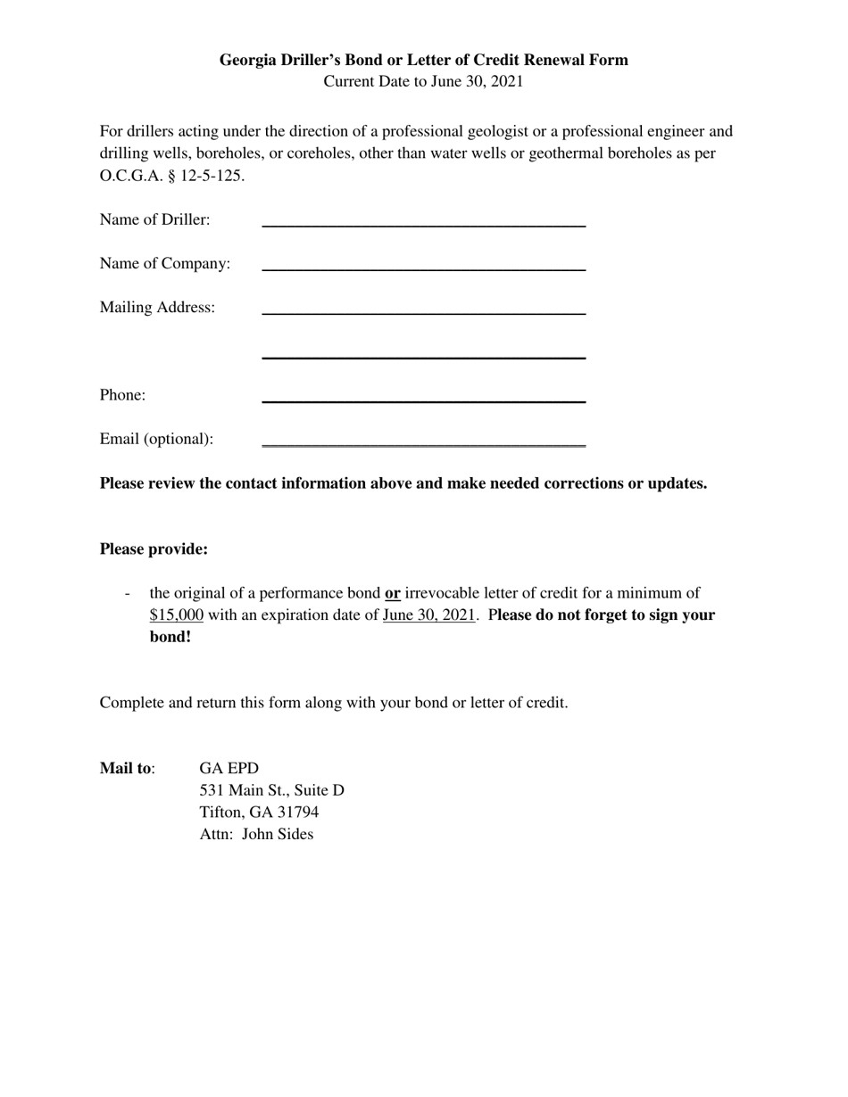 Georgia Drillers Bond or Letter of Credit Renewal Form - Georgia (United States), Page 1