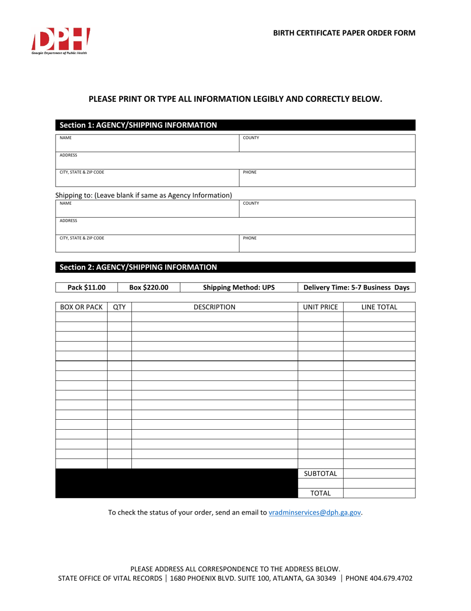 Birth Certificate Paper Order Form - Georgia (United States), Page 1