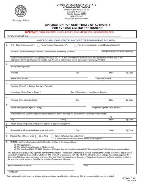 Form CD251 Application for Certificate of Authority for Foreign Limited Partnership - Georgia (United States)