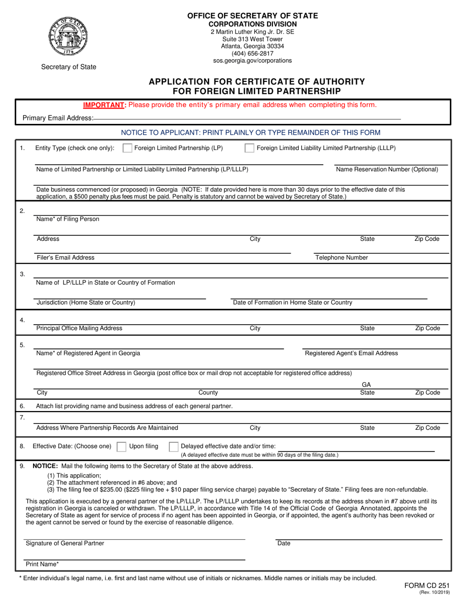 Form CD251 Application for Certificate of Authority for Foreign Limited Partnership - Georgia (United States), Page 1