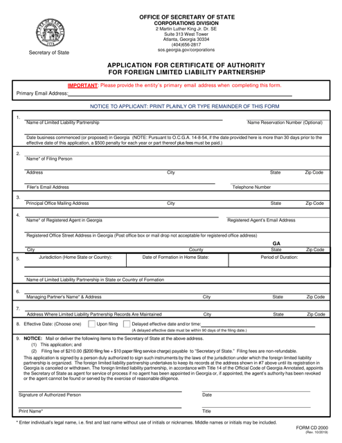 Form CD2000 Application for Certificate of Authority for Foreign Limited Liability Partnership - Georgia (United States)