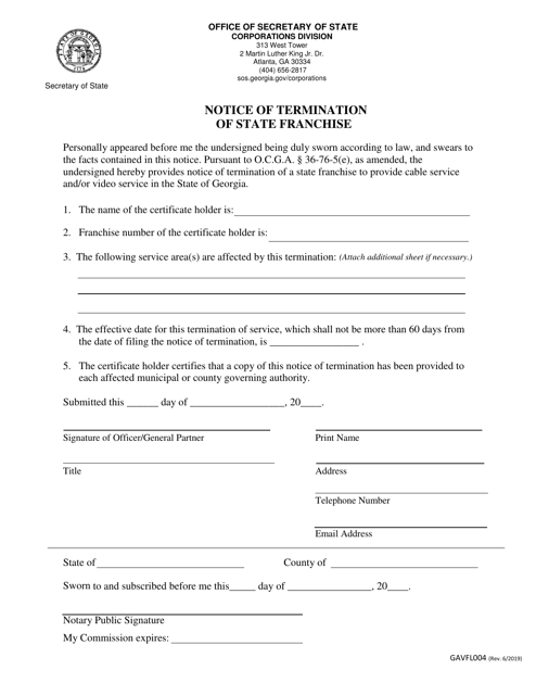 Form GAVFL004 Notice of Termination of State Franchise - Georgia (United States)