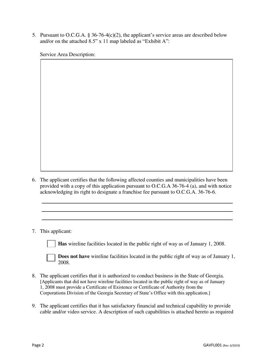 Form GAVFL001 Application for State Franchise to Provide Cable and / or Video Service - Georgia (United States), Page 2