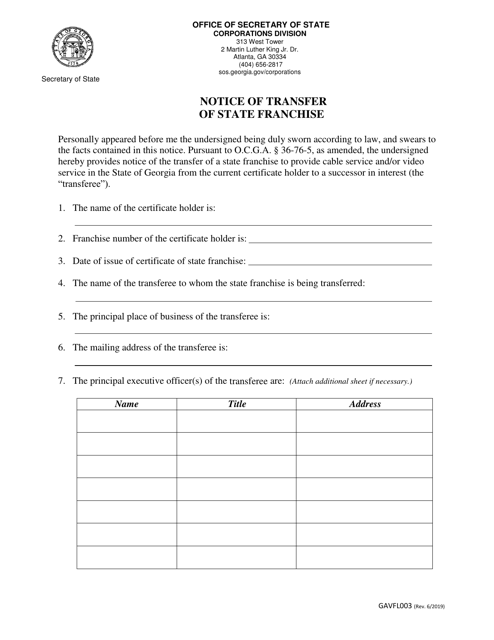 Form GAVFL003 Notice of Transfer of State Franchise - Georgia (United States)