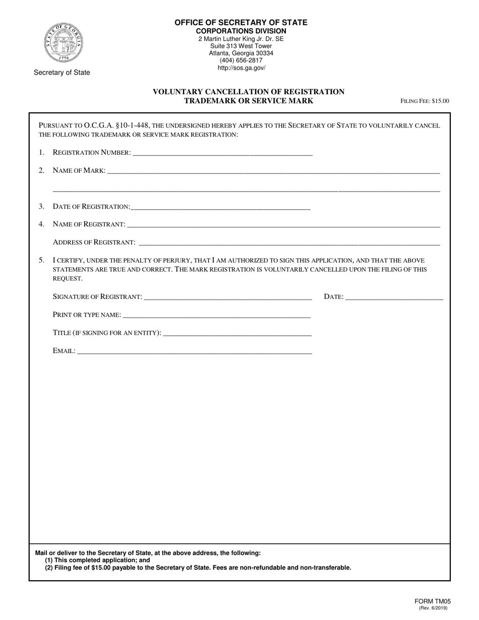 Form TM05 Voluntary Cancellation of Registration Trademark or Service Mark - Georgia (United States), Page 1