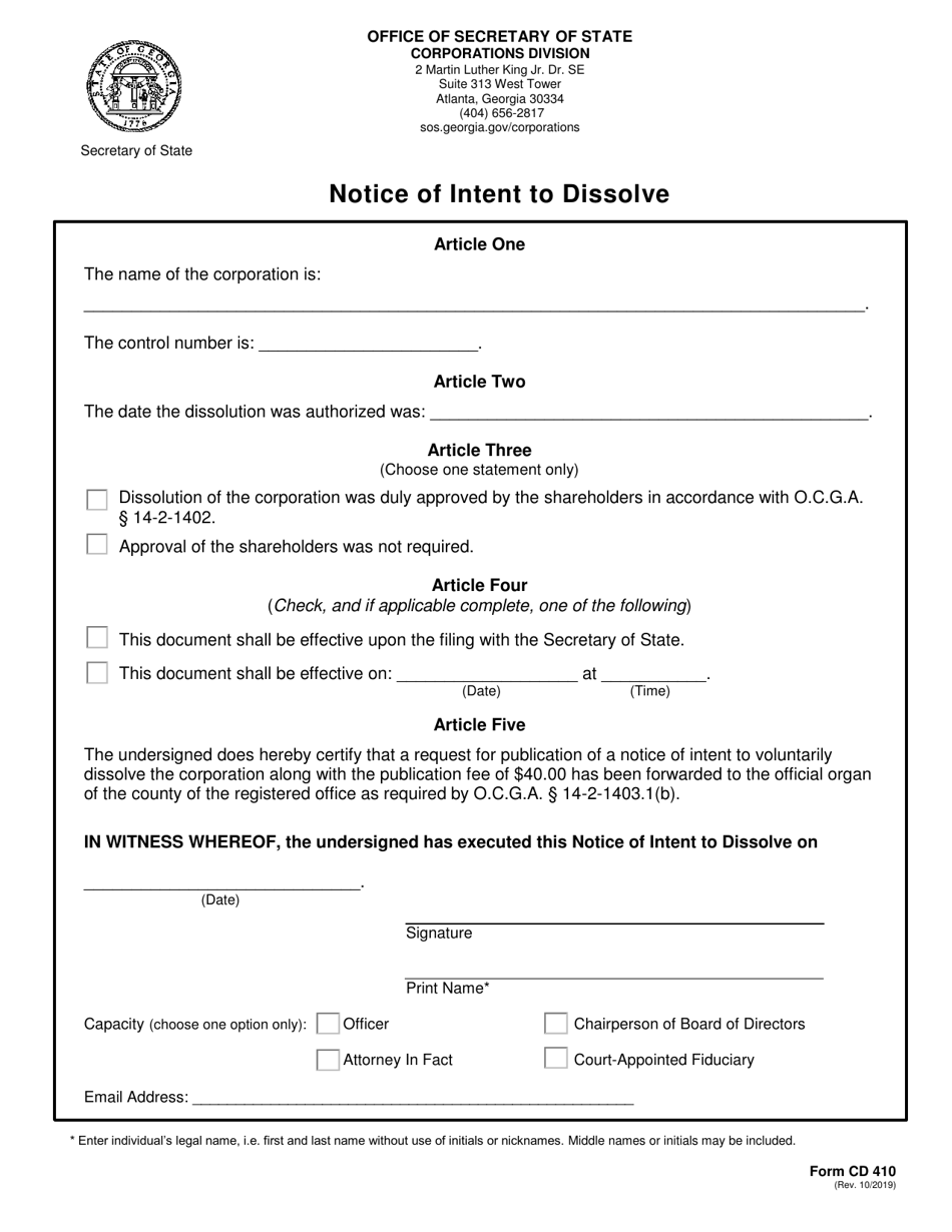 Form CD410 Notice of Intent to Dissolve - Georgia (United States), Page 2