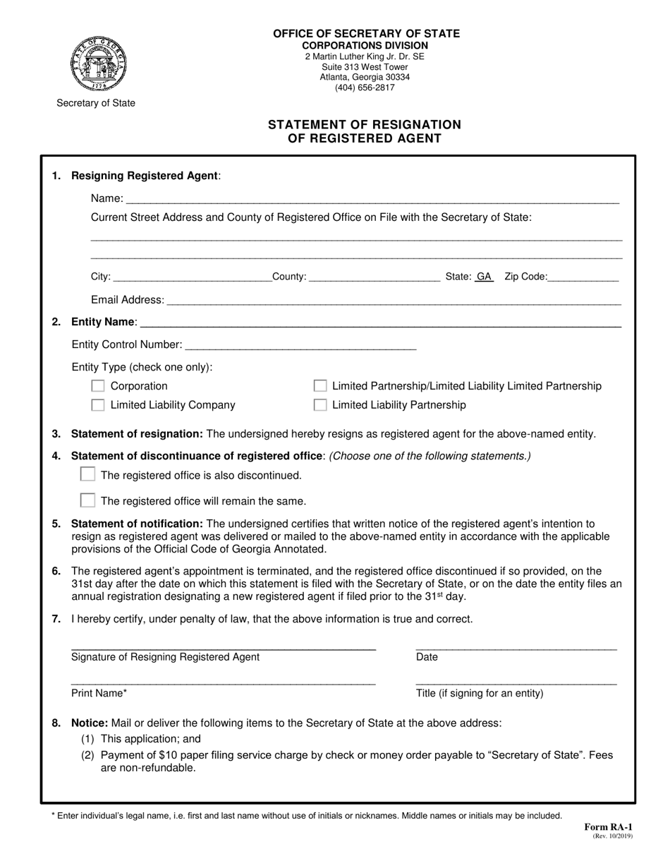 Form RA-1 Statement of Resignation of Registered Agent - Georgia (United States), Page 1