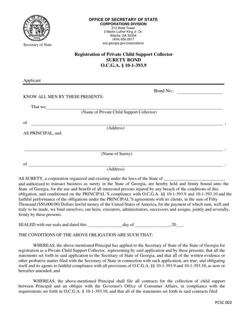 Form PCSC002 Registration of Private Child Support Collector Surety Bond - Georgia (United States)