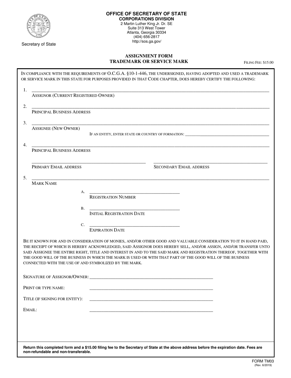 Form TM03 Assignment Form - Trademark or Service Mark - Georgia (United States), Page 1