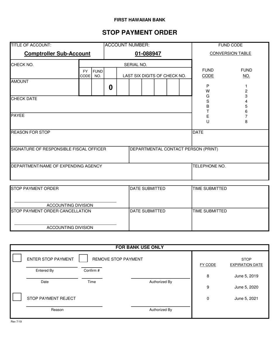 Stop Payment Order - Hawaii, Page 1