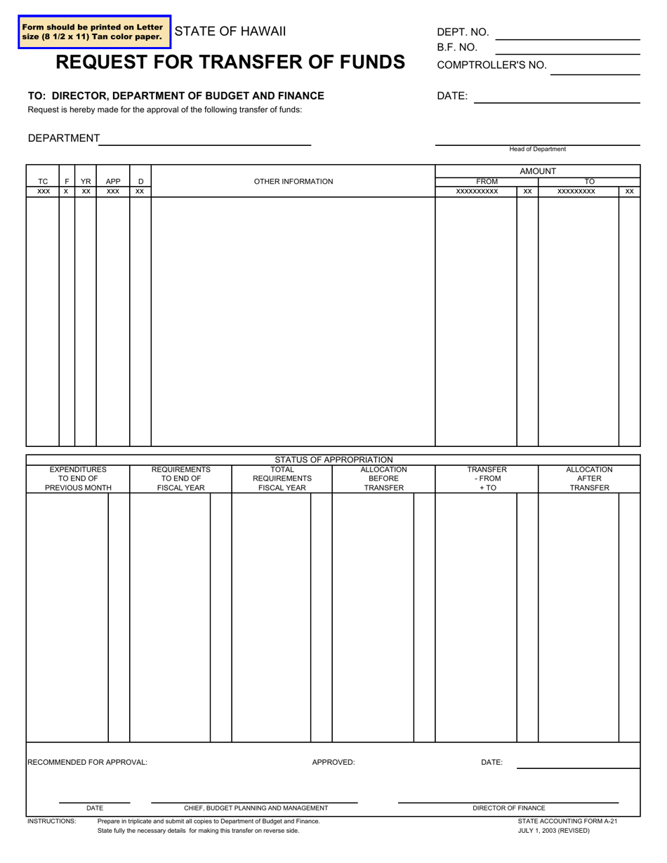 State Accounting Form A-21 Request for Transfer of Funds - Hawaii, Page 1