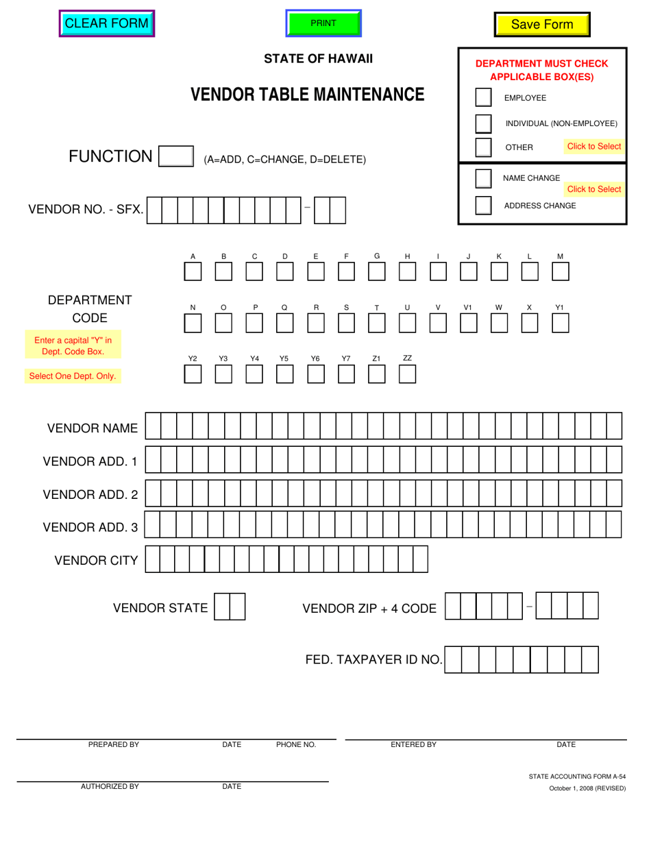 State Accounting Form A-54 Vendor Table Maintenance - Hawaii, Page 1