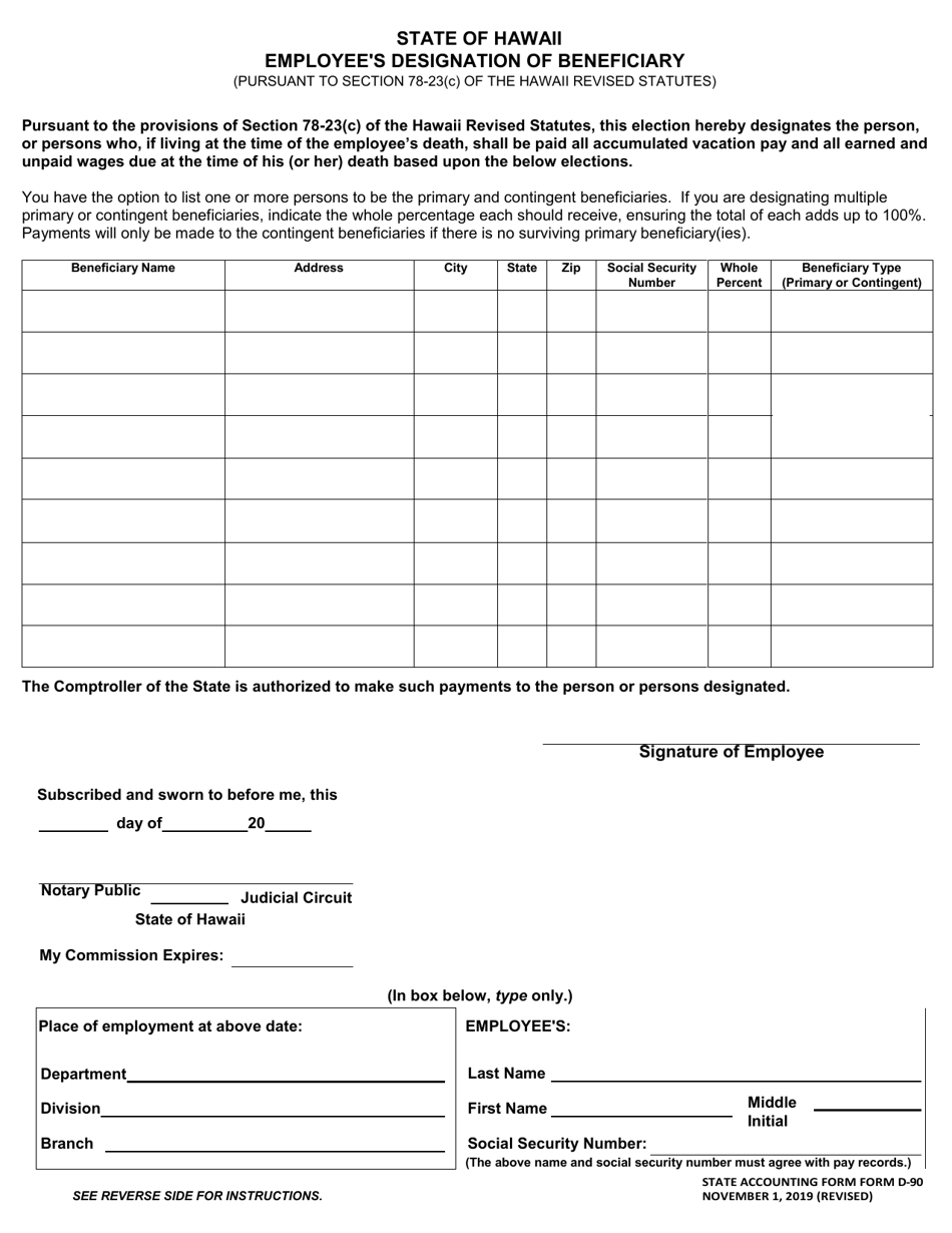 State Accounting Form D-90 Employees Designation of Beneficiary - Hawaii, Page 1