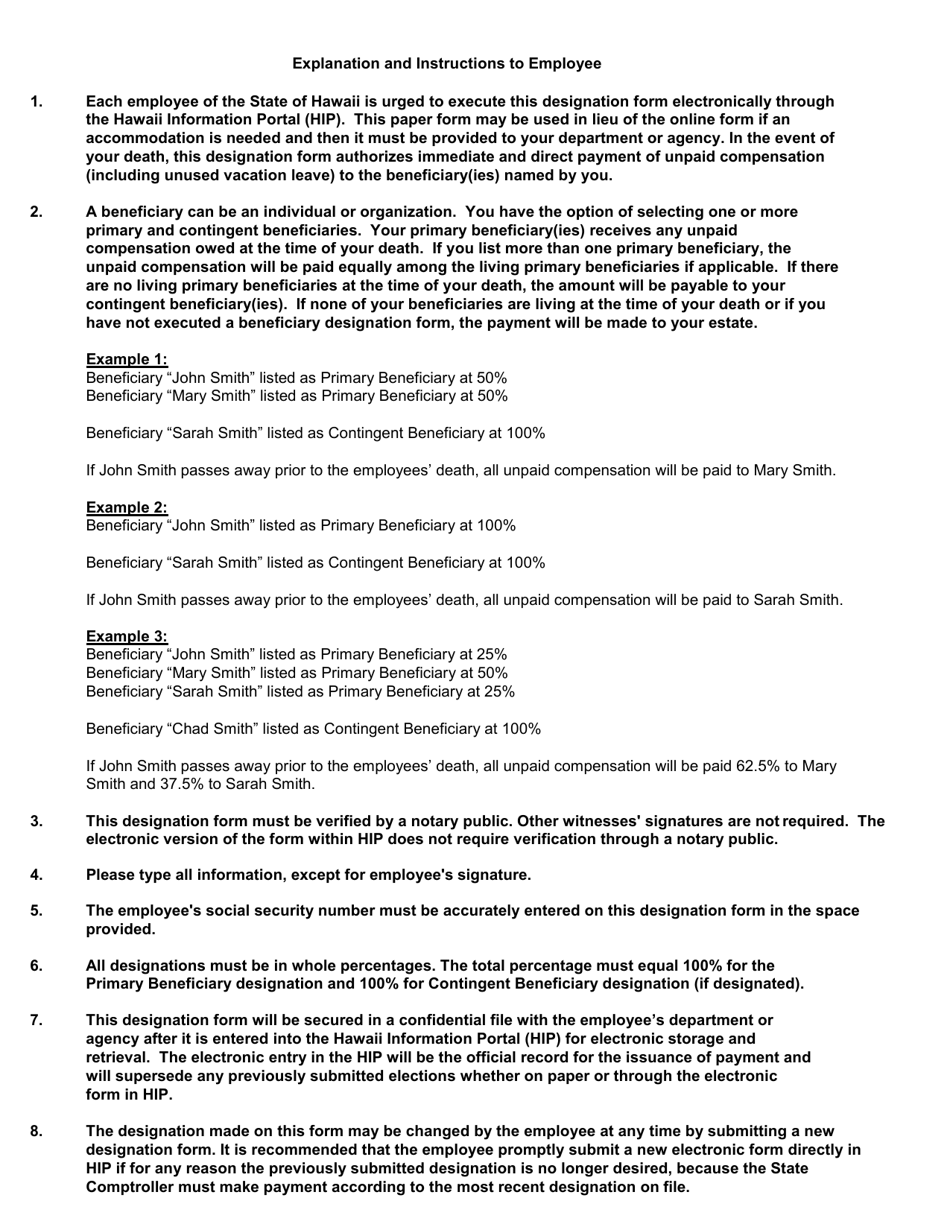 State Accounting Form D-90 Employees Designation of Beneficiary - Hawaii, Page 2