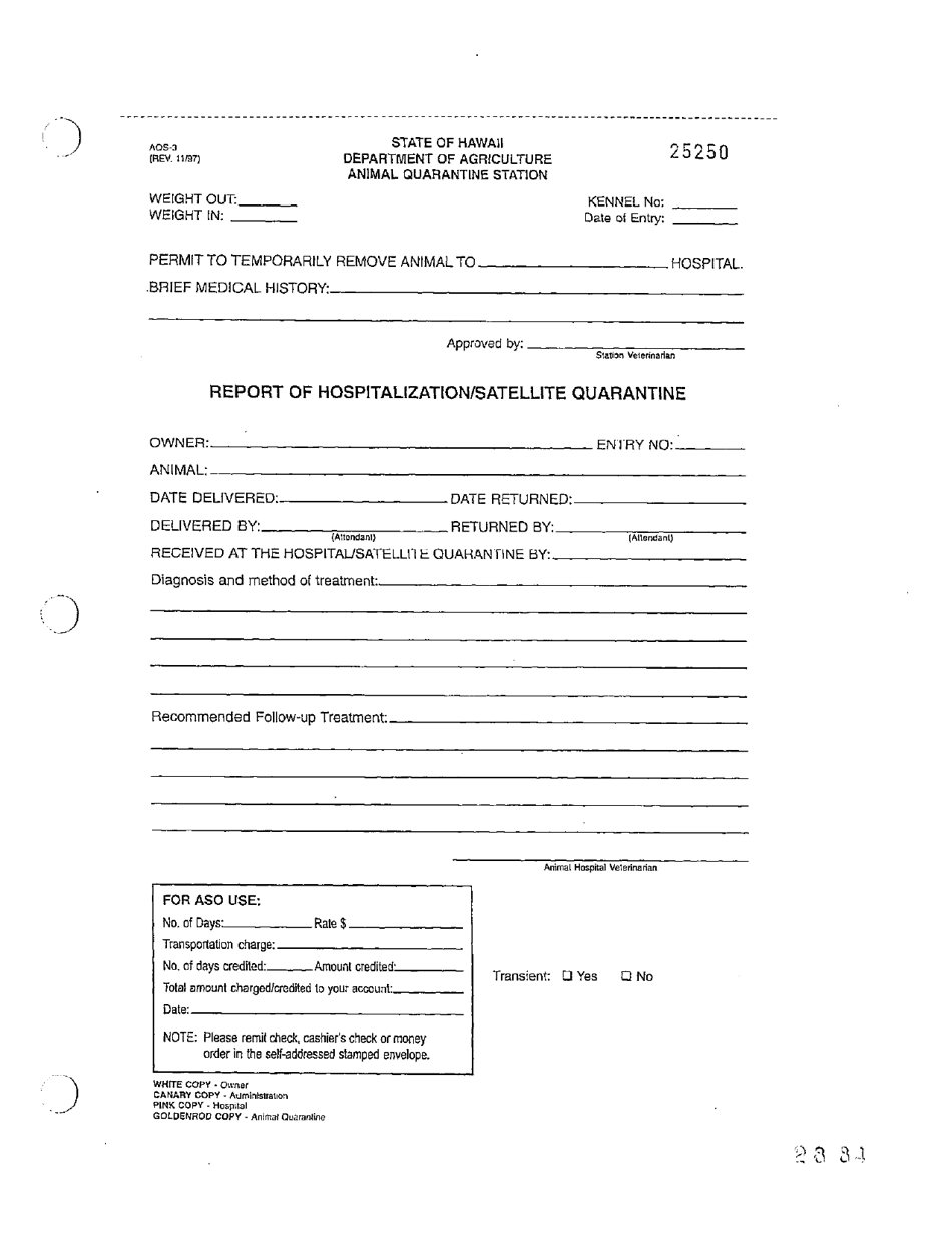 Form AQS-3 Report of Hospitalization / Satellite Quarantine - Hawaii, Page 1