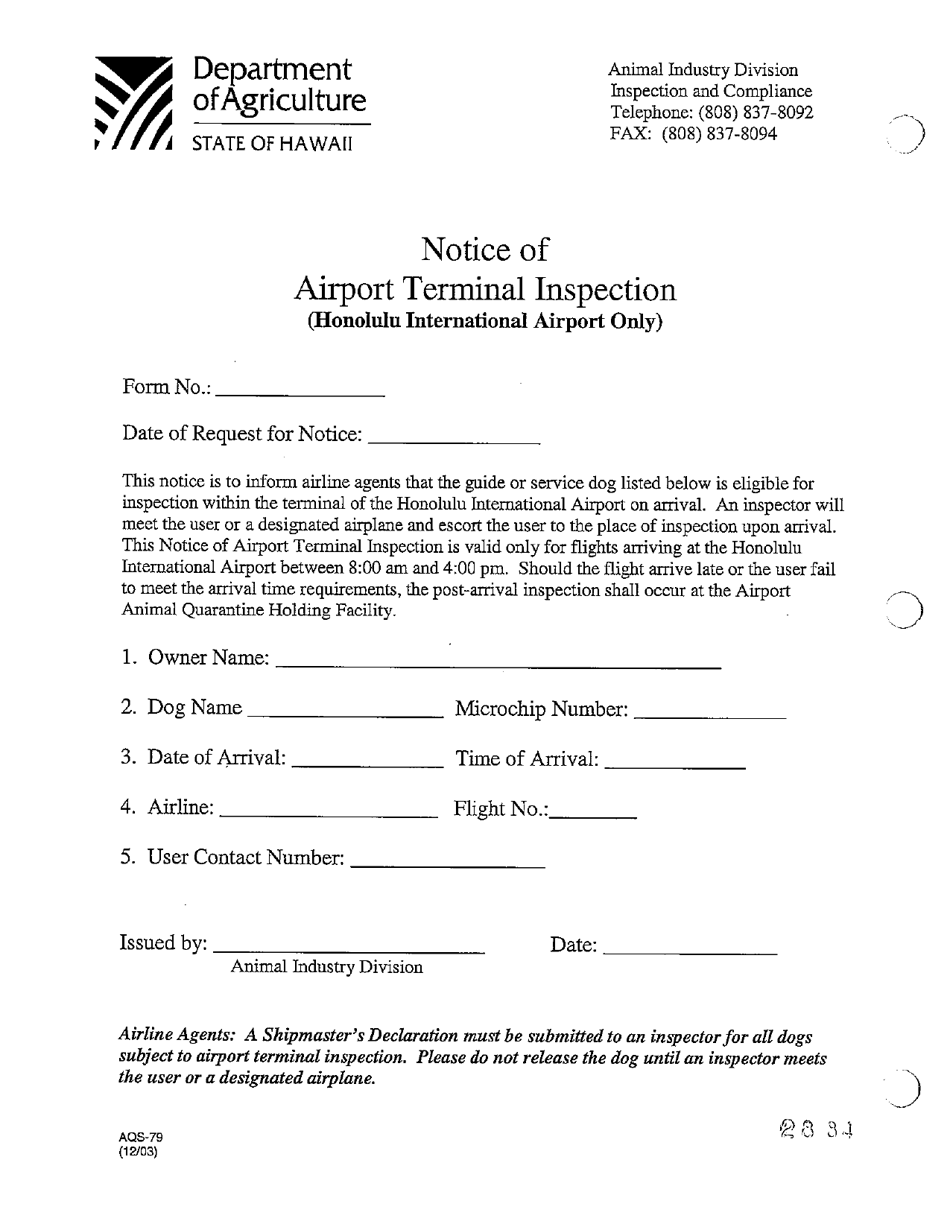 Form AQS-79 Notice of Airport Terminal Inspection (Honolulu International Airport Only) - Hawaii, Page 1