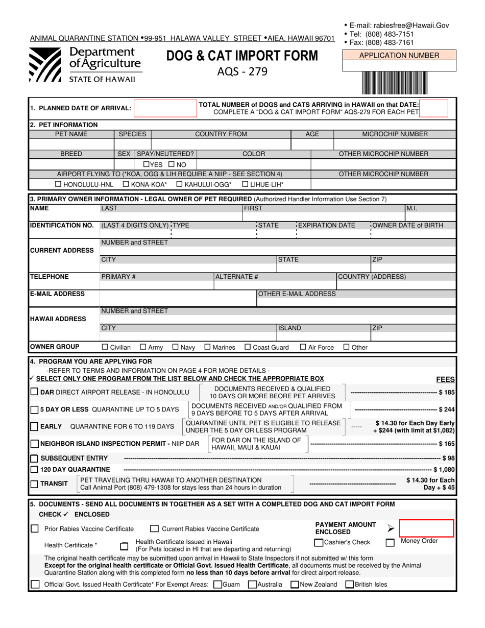 Form AQS-279 Dog  Cat Import Form - Hawaii, Page 1