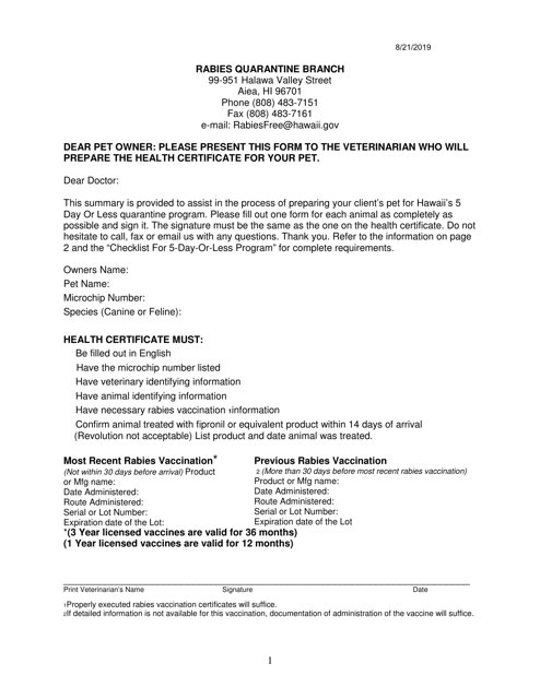 Form AQS-39 Summary for Veterinarians - Hawaii