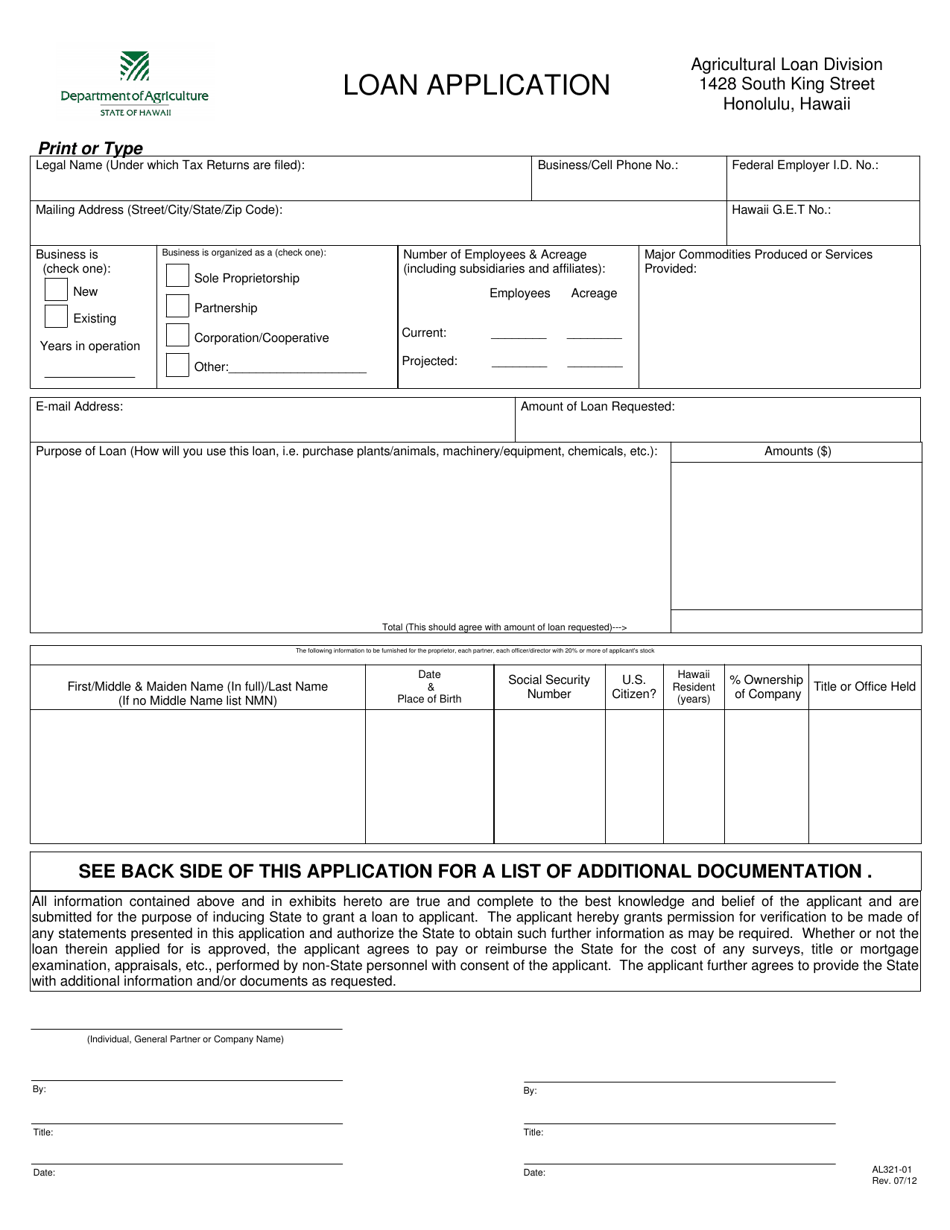 Form AL321-01 Loan Application - Hawaii, Page 1