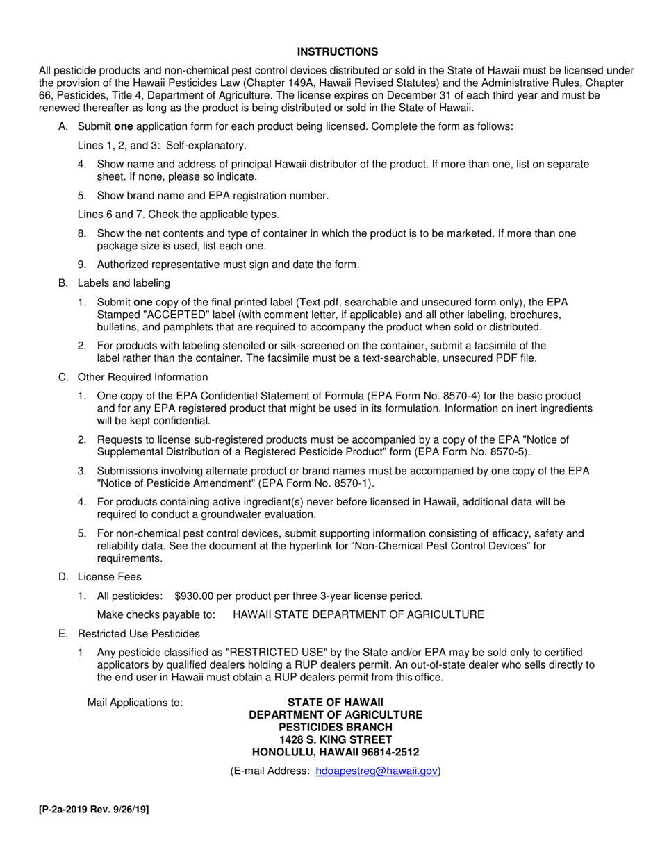 Instructions for Form P-2 Application for License of Pesticides and Non-chemical Pest Control Devices - Hawaii, Page 1