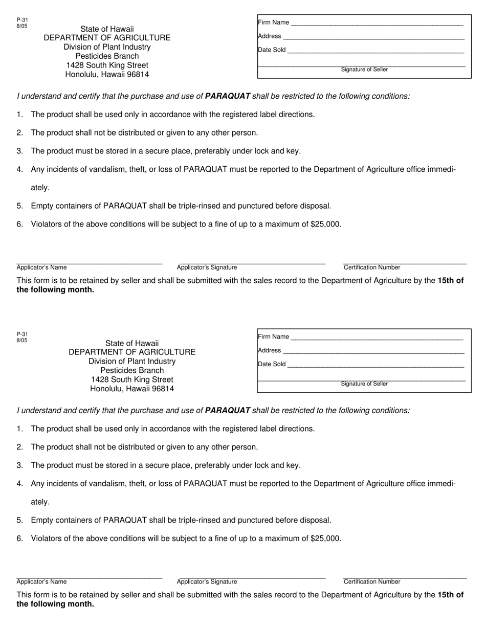 Form P-31 Paraquat Single Purchase Permit Form - Hawaii, Page 1