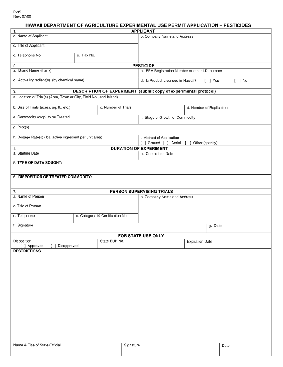 Form P-35 Experimental Use Permit Application - Pesticides - Hawaii, Page 1