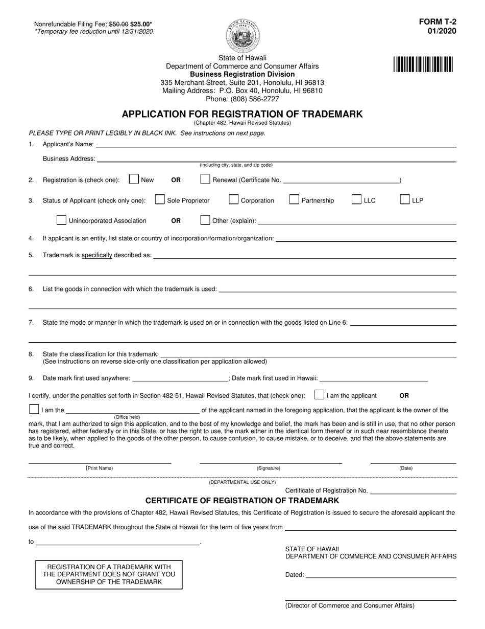 Form T-2 Application for Registration of Trademark - Hawaii, Page 2