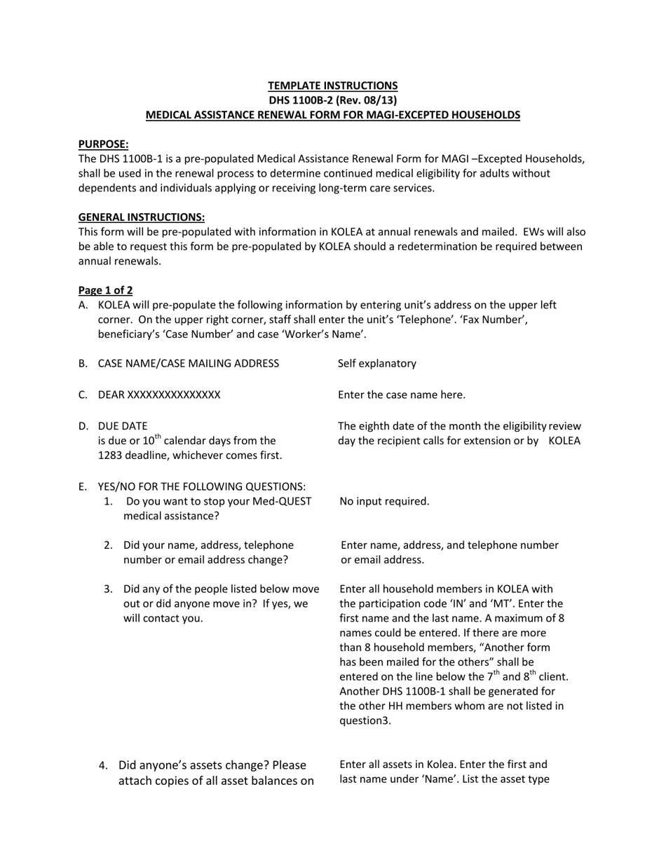 Instructions for Form DHS1100B-2 Medical Assistance Renewal Form for Magi-Excepted Households - Hawaii, Page 1