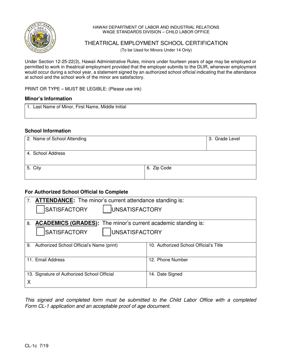 Form CL-1C Theatrical Employment School Certification - Hawaii, Page 1
