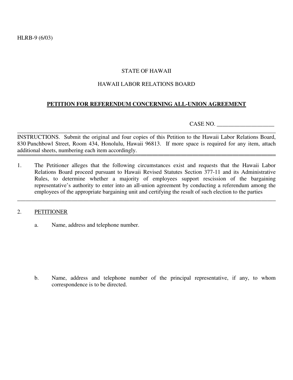 Form HLRB-9 Petition for Referendum Concerning All-union Agreement - Hawaii, Page 1