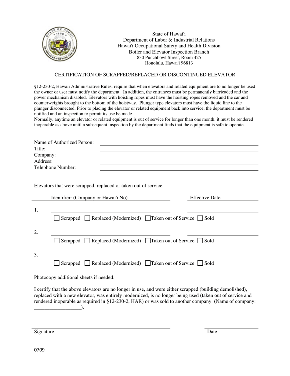 Certification of Scrapped / Replaced or Discontinued Elevator - Hawaii, Page 1