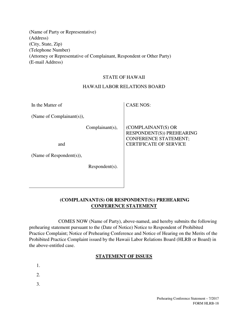 Form HLRB-18 Sample Format for Prehearing Conference Statement - Hawaii, Page 1