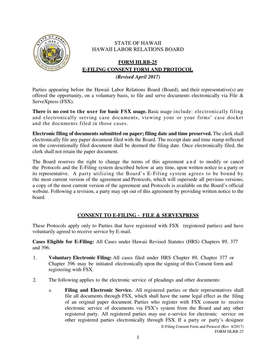 Form HLRB-25 Hlrb E-Filing Consent Form and Protocols for E-Filing - Hawaii, Page 1