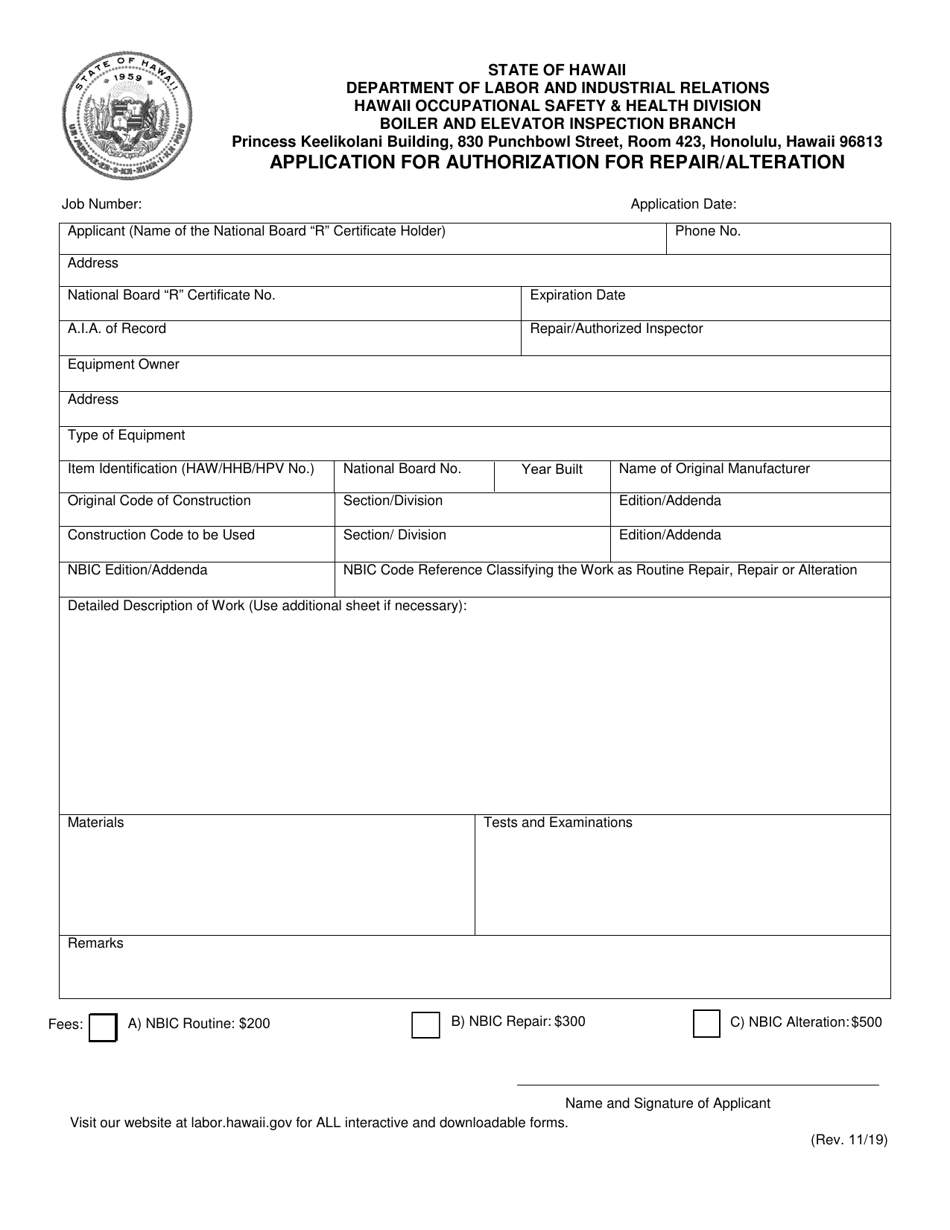 Application for Authorization for Repair / Alteration - Hawaii, Page 2