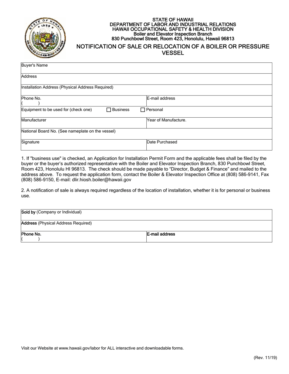 Notification of Sale or Relocation of a Boiler or Pressure Vessel - Hawaii, Page 2