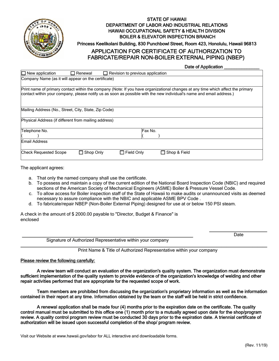 Application for Certificate of Authorization to Fabricate / Repair Non-boiler External Piping (Nbep) - Hawaii, Page 2