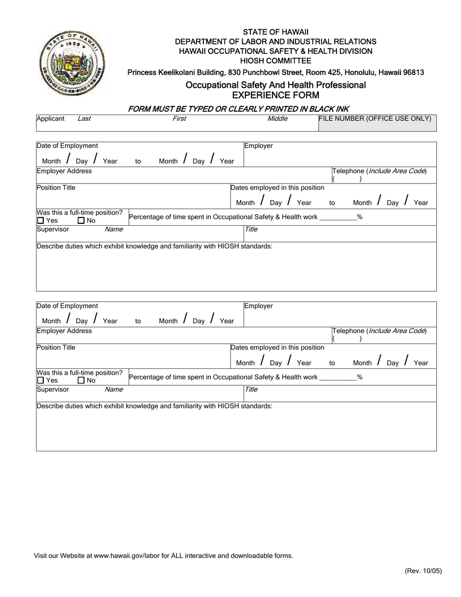 Experience Form - Hawaii, Page 2