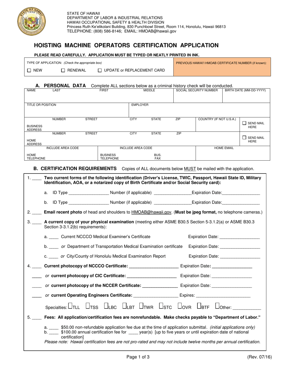 Hoisting Machine Operators Certification Application - Hawaii, Page 1