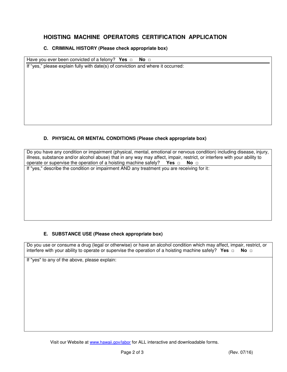 Hoisting Machine Operators Certification Application - Hawaii, Page 2