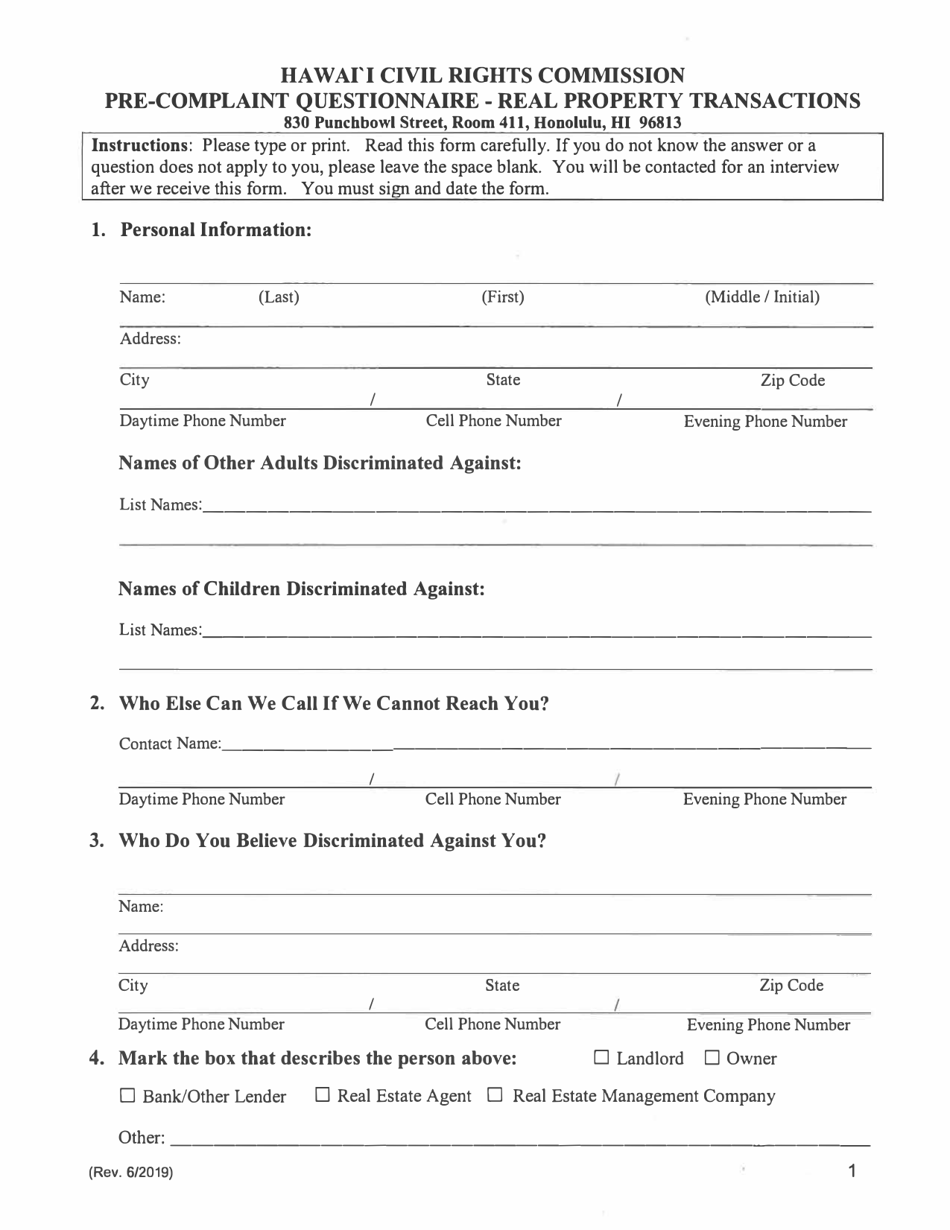 Hawaii Civil Rights Commission Pre-complaint Questionnaire - Real Property Transactions - Hawaii, Page 3