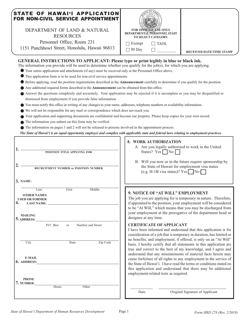 Form HRD278 Application for Non-civil Service Appointment - Hawaii, Page 1