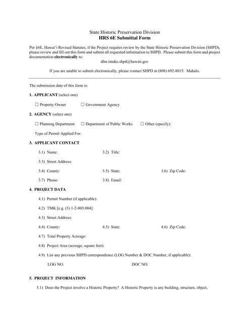 Hrs 6e Submittal Form - Hawaii Download Pdf