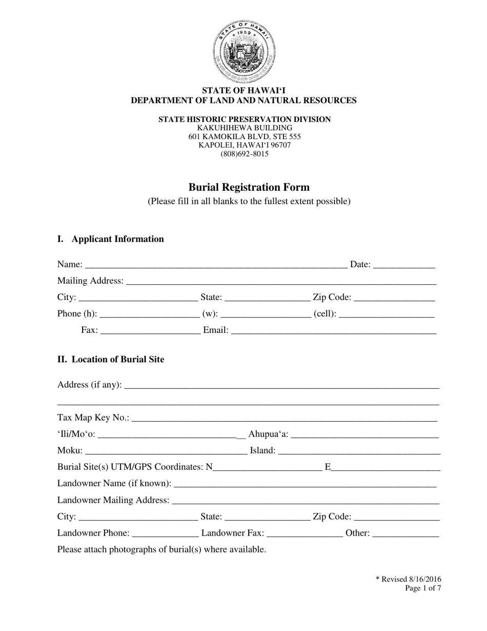 Burial Registration Form - Hawaii, Page 1